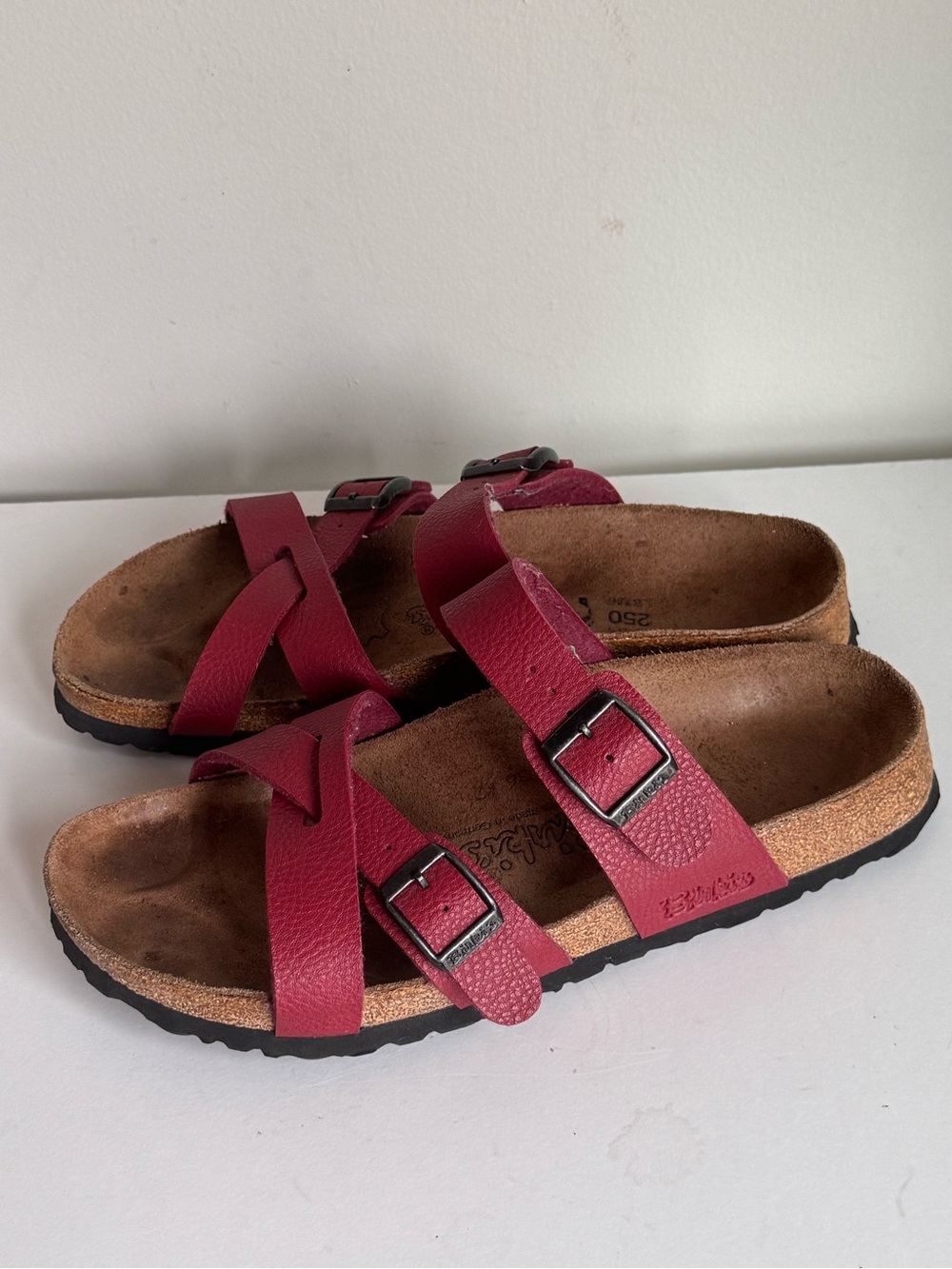 Birki’s Nepal Red Leather Dual Buckle Strap Cork Slide Sandals Unisex W8 M6
